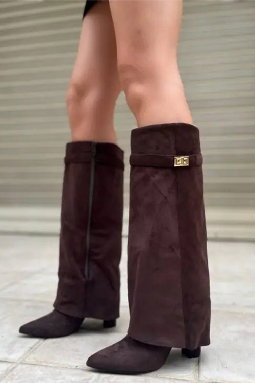 Margovil Pointed Toe Block Heel Fold Over High Boots