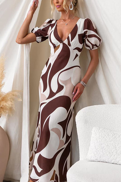 V Neck Puff Short Sleeves Printed Maxi Dress