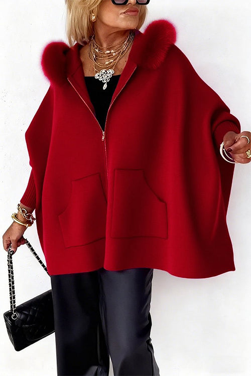 Margovil Dolman Sleeves Zipper Up Pocketed Jacket with Faux Fur Hood