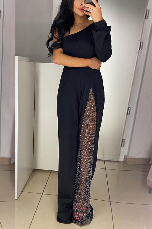 Margovil Stylish One Shoulder Slit Long Sleeve Mesh Splice Wide Leg Jumpsuit