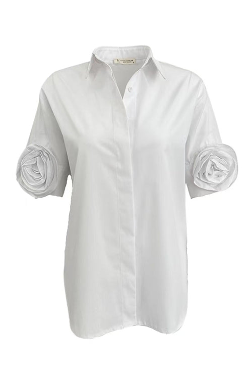 Lapel Short Sleeves Button Up Flower Detail Shirt