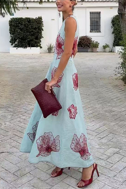 Crewneck Sleeveless Floral Print Maxi Dress