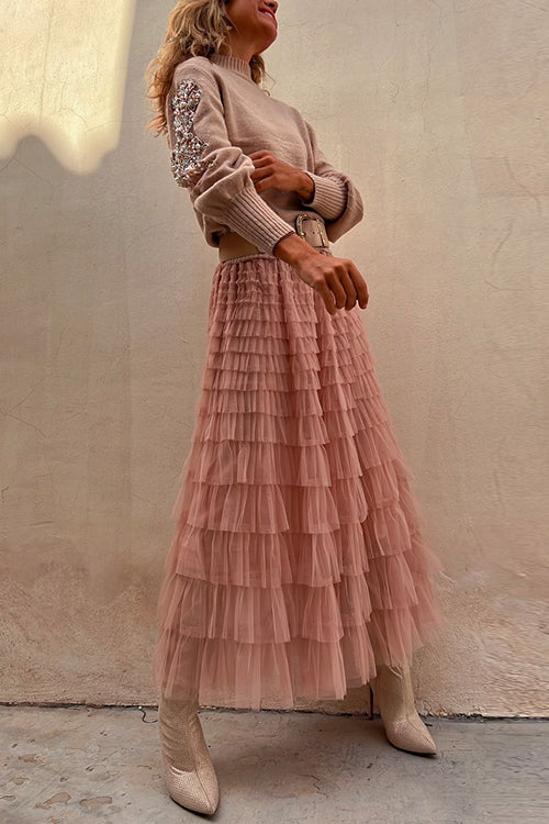 Margovil Tulle Layered Ruffle Mesh Maxi Skirt
