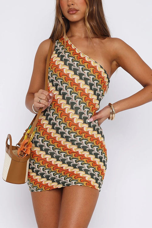 Margovil One Shoulder Sleeveless Color Block Crochet Mini Dress