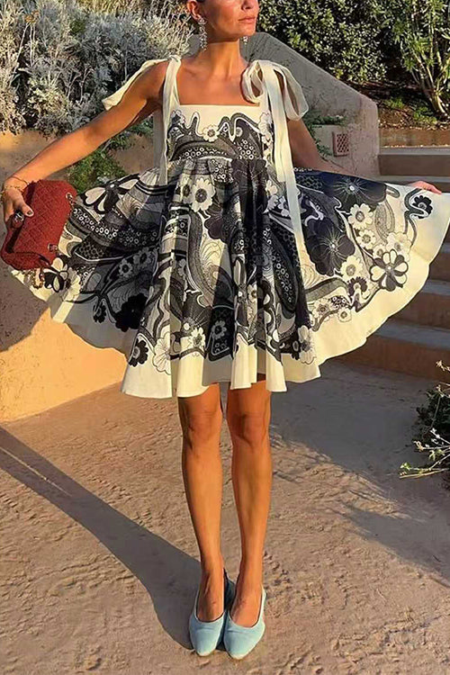 Margovil Bow Shoulder Sleeveless High Waist Floral Print Mini Dress