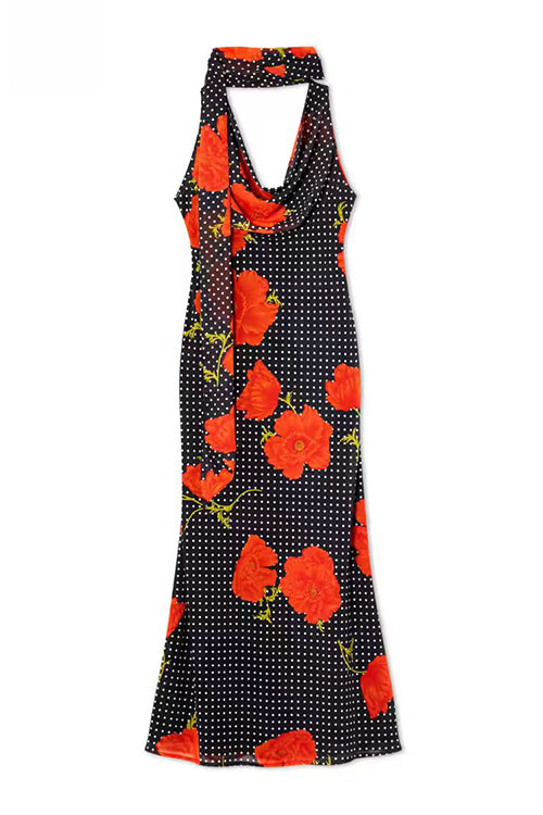 Margovil Cowl Neck Backless Floral Print Maxi Dress with Scarf