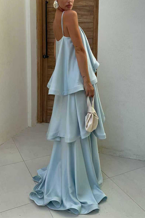 Margovil Adjustable Strap Ruffle Layered Satin Maxi Dress