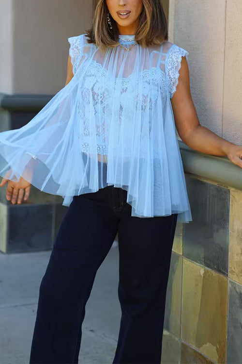 Mockneck Tulle Cover Up Top with Lace Camisole