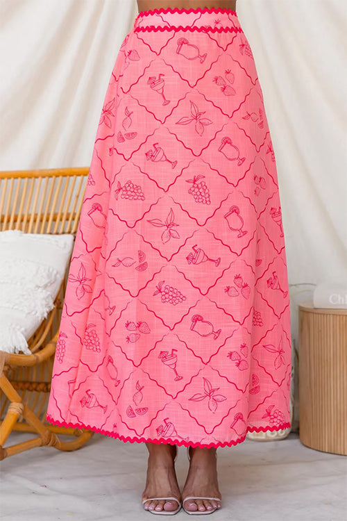 High Rise Printed Ric Rac Trim Maxi Skirt