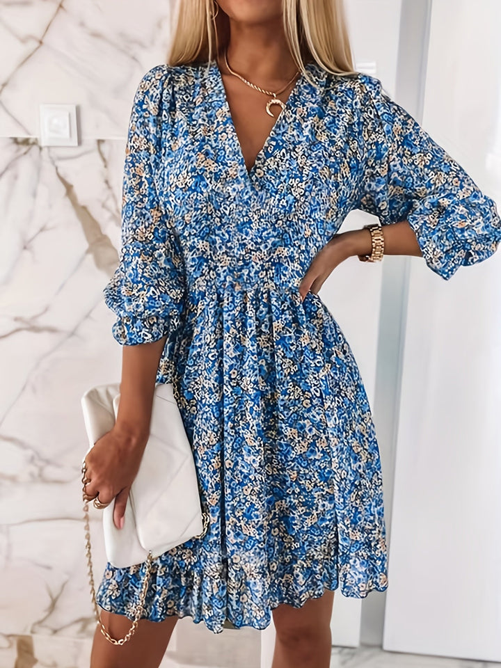 Boharra | Floral V-Neck Flutter Sleeve Shirred Tent Knee-Length Dress