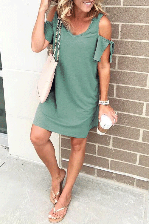 Margovil Cold Shoulder Short Sleeve Solid Dress