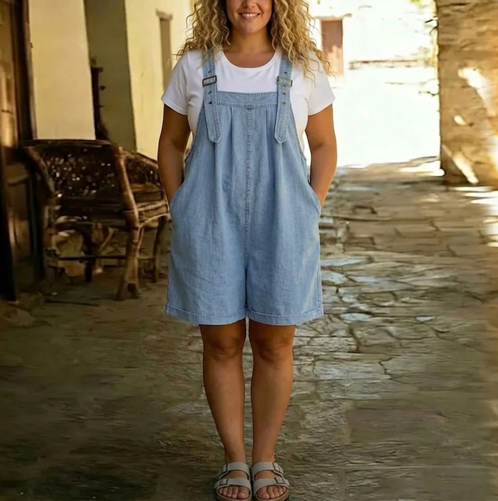 Clara | Vintage Washed Soft Cotton Feel Denim Short Overall Light blue