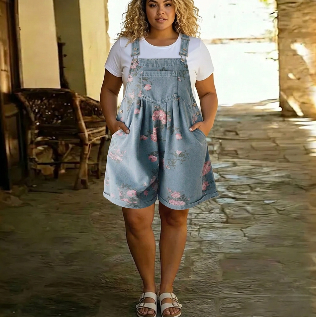 Judy | Vintage Washed Soft Cotton Feel Denim Floral Jumpsuit