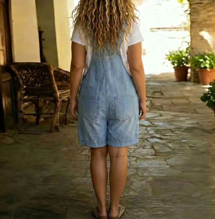 Clara | Vintage Washed Soft Cotton Feel Denim Short Overall Light blue