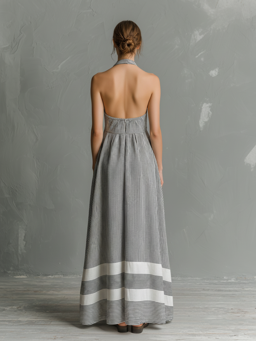 Women's Casual Grey & White Striped Halter-Neck Sleeveless Woven Maxi Dress MDZ0314D2LXY
