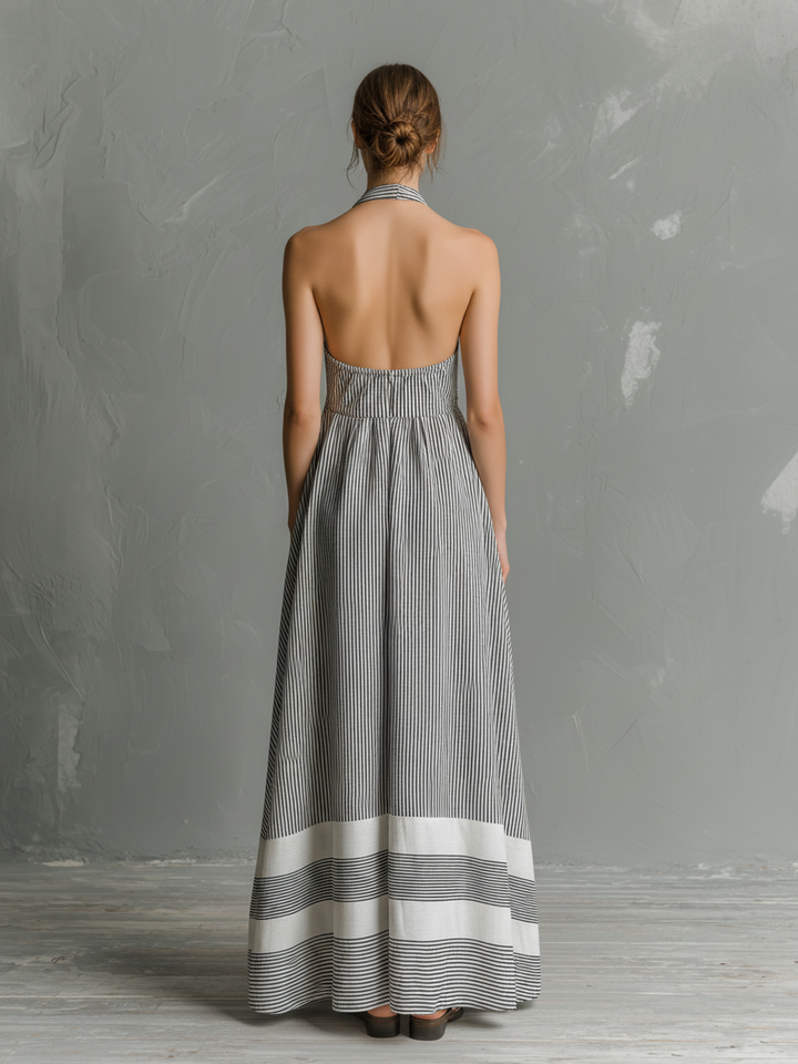 Women's Casual Grey & White Striped Halter-Neck Sleeveless Woven Maxi Dress MDZ0314D2LXY