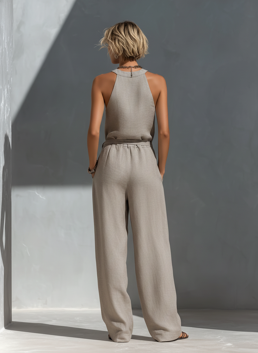 Women’s Gray Linen-Blend Halter Neck Belted Cut-Out Wide-Leg Jumpsuit MDZ0964D1T
