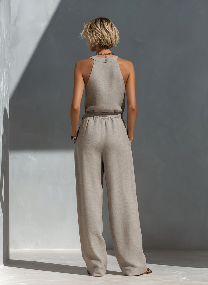 Women’s Gray Linen-Blend Halter Neck Belted Cut-Out Wide-Leg Jumpsuit MDZ0964D1T