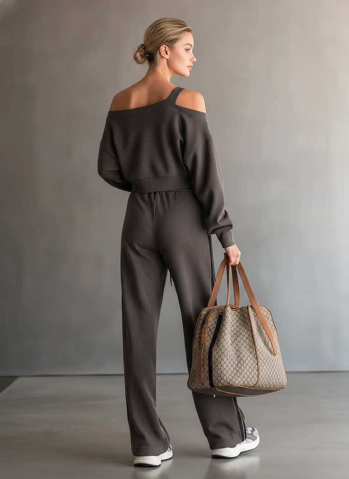 Women's Fashion Off-Shoulder Long-Sleeve Cropped Sweatshirt And Sweatpants Set MDZ1145D5Y