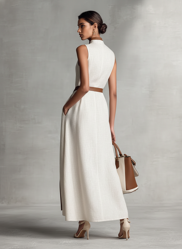 Women's Sleeveless V-Neck Tie-Waist Cotton Linen Maxi Dress MDZ1153B7BA
