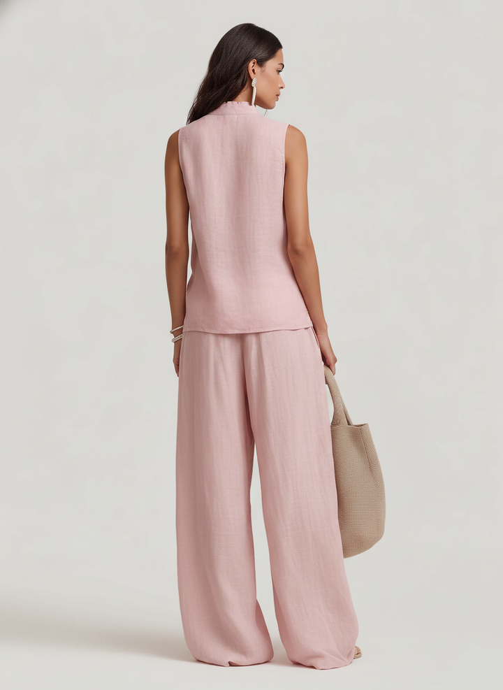 Women's Casual Light Pink Cotton-Linen Sleeveless Crew-Neck Top With Trousers MDZ1601D4LXY