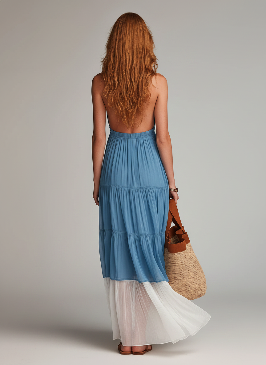 Women's Casual Light Blue Chiffon Sleeveless V-Neck Maxi Dress MDZ1741D5LXY