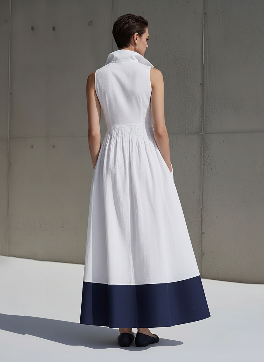 Women's White & Navy Linen-Blend Midi Dress With Collared Neck & Smocked Waist, Timeless Nautical-Chic Style Dress MDZ2071D1LYL