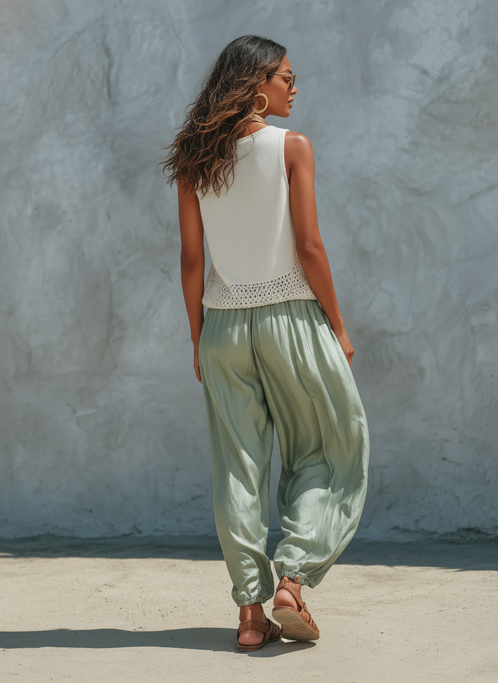 Women's Minimalist Mesh-Knit Tank Top And Faux-Acetate Balloon Pants Set MDZ2710C0Y