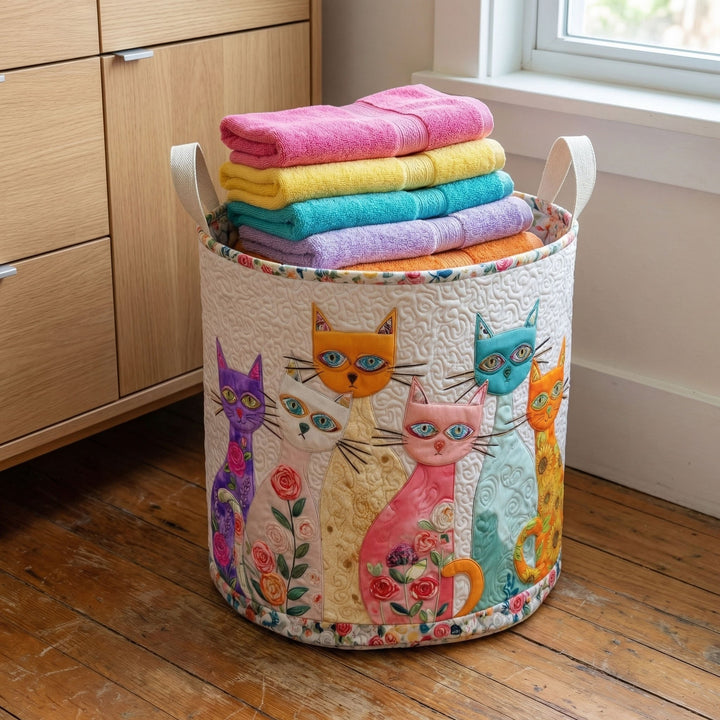 Cheerful Cat Patch Quilted Basket