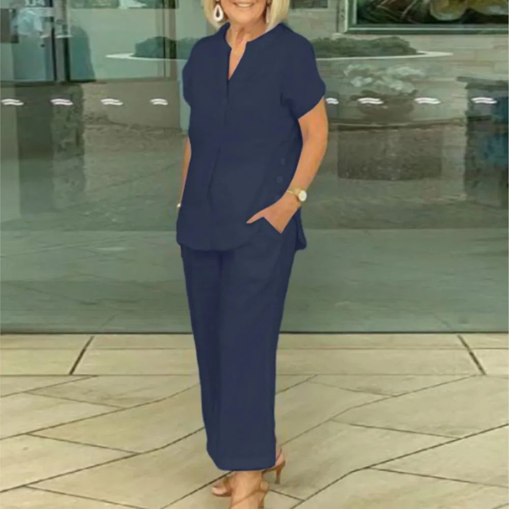 Florette | Cotton Linen Short Sleeve Pocket Shirt & Pants Set