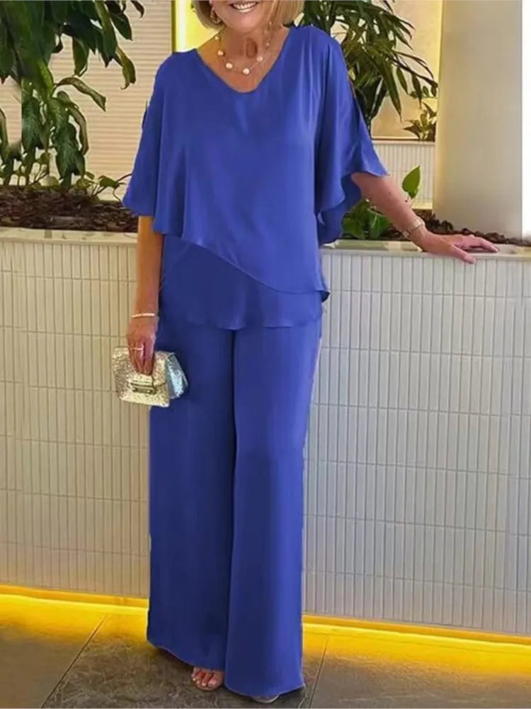 Solène | Short Sleeve Irregular Hem Top & Wide Leg Pants Set