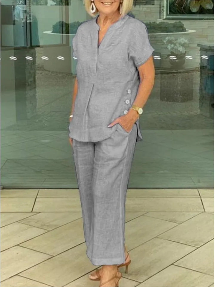 Florette | Cotton Linen Short Sleeve Pocket Shirt & Pants Set