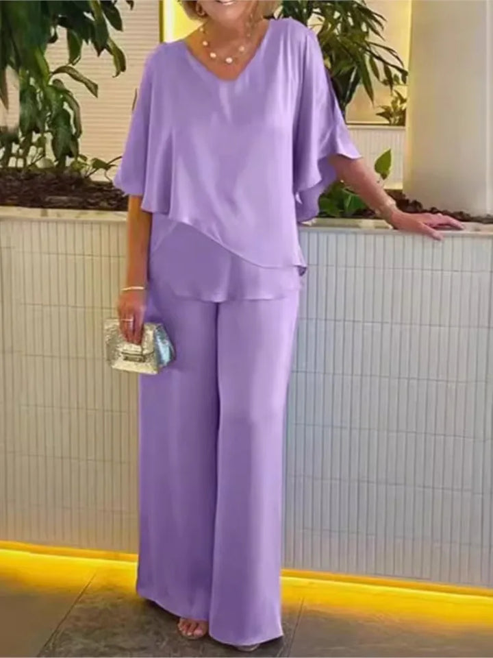 Solène | Short Sleeve Irregular Hem Top & Wide Leg Pants Set