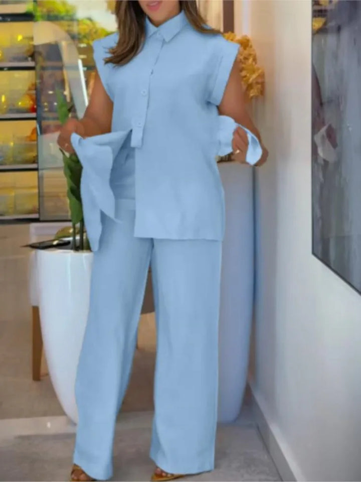 Revienne | Lace-Up Shirt & Wide Leg Pants Office Two Piece Set