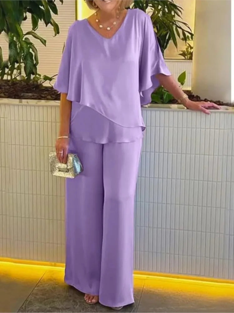 Solène | Short Sleeve Irregular Hem Top & Wide Leg Pants Set