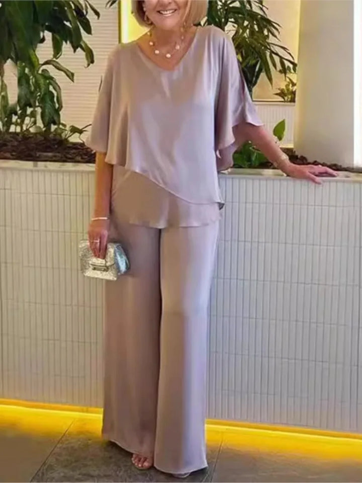Solène | Short Sleeve Irregular Hem Top & Wide Leg Pants Set