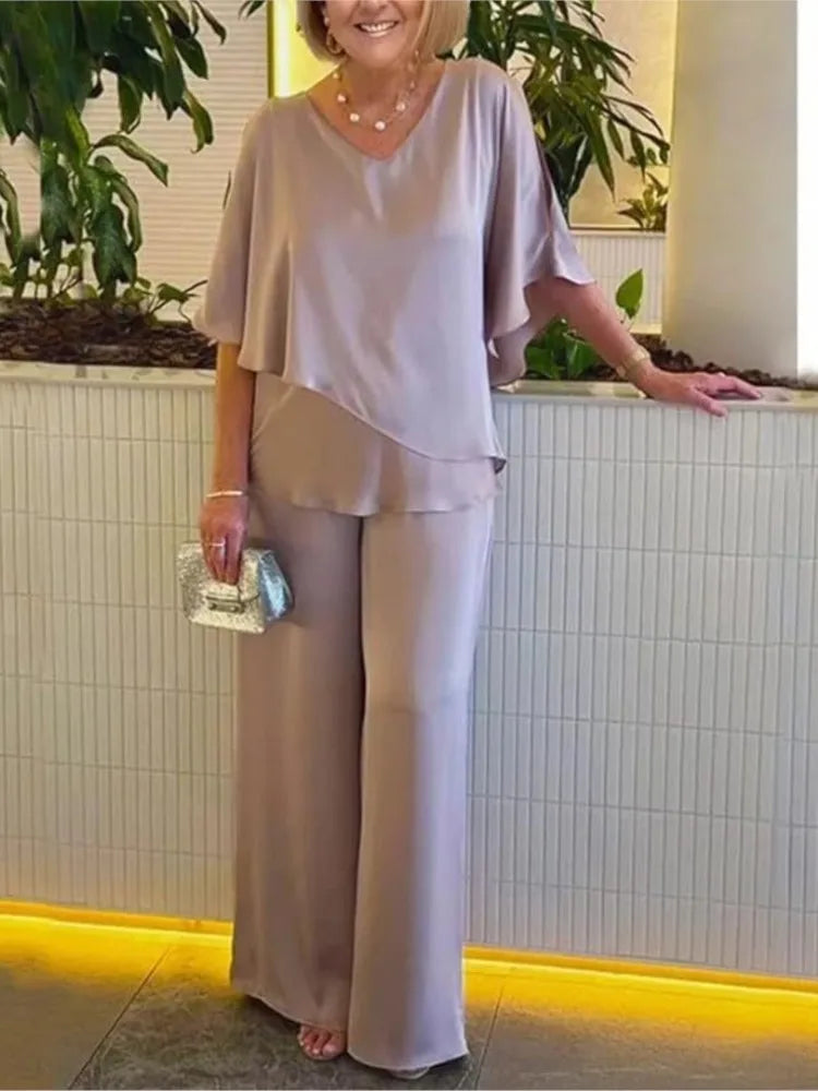Solène | Short Sleeve Irregular Hem Top & Wide Leg Pants Set