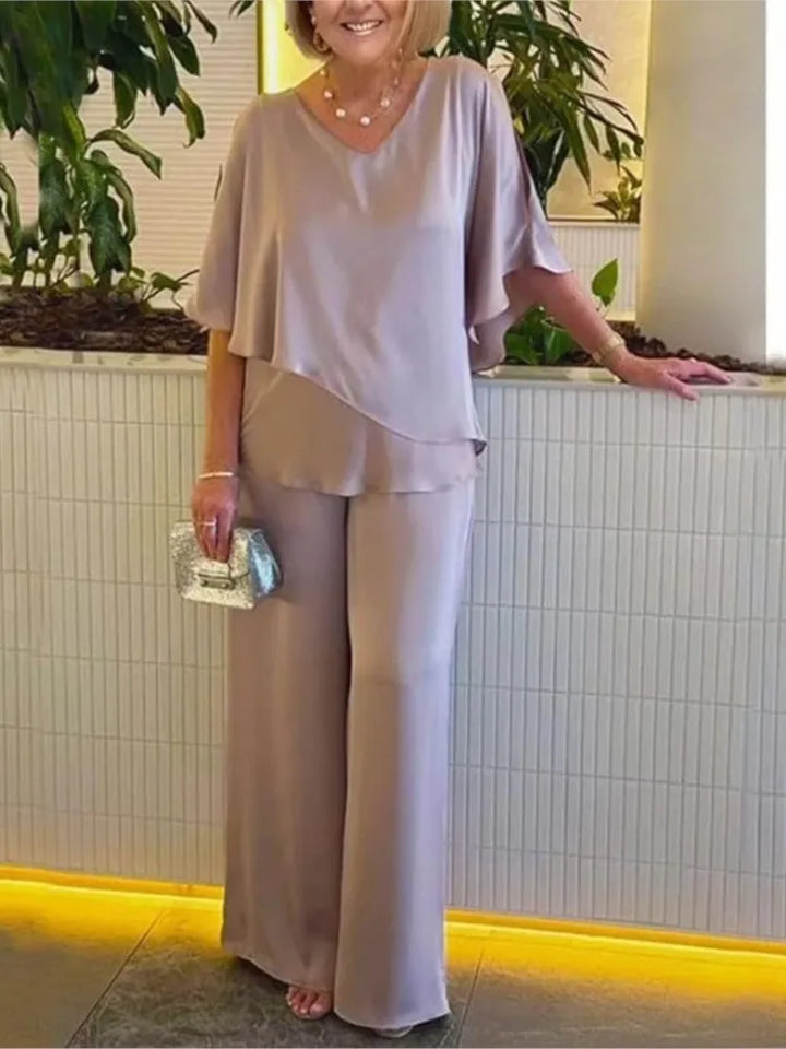 Solène | Short Sleeve Irregular Hem Top & Wide Leg Pants Set