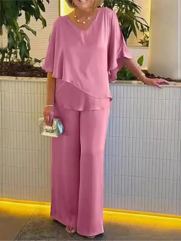 Solène | Short Sleeve Irregular Hem Top & Wide Leg Pants Set