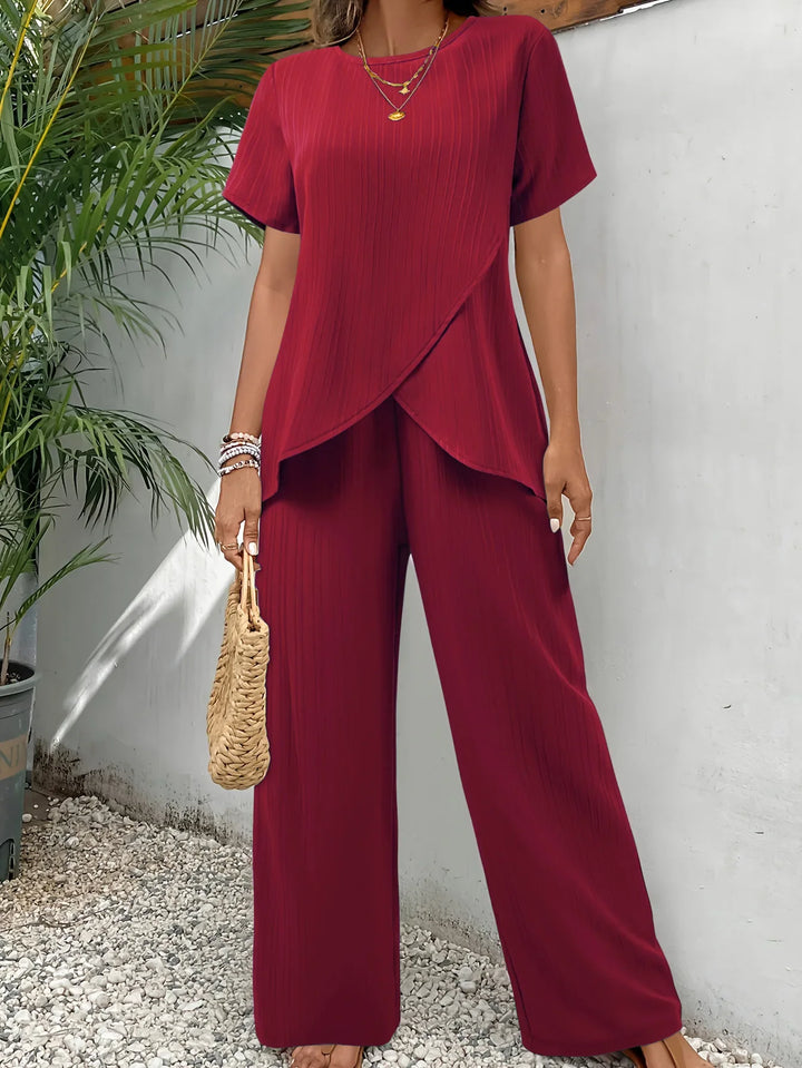 Calista | Short Sleeve Split Hem Top & Elastic Waist Pants Set