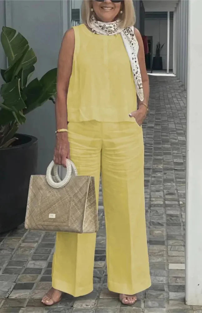 Veradine | Sleeveless Vest & Pocket Trouser Linen Two Piece Set
