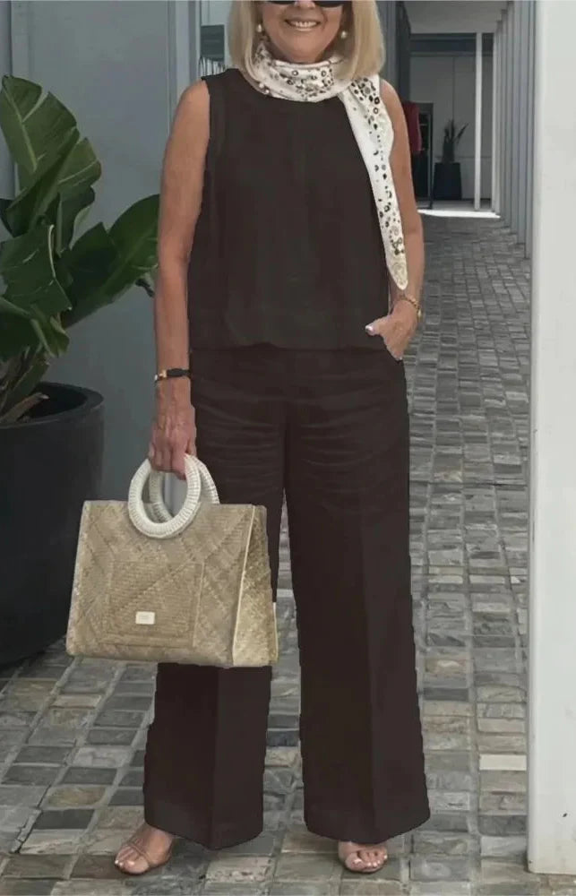 Veradine | Sleeveless Vest & Pocket Trouser Linen Two Piece Set