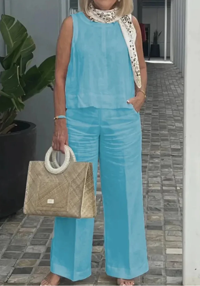 Veradine | Sleeveless Vest & Pocket Trouser Linen Two Piece Set