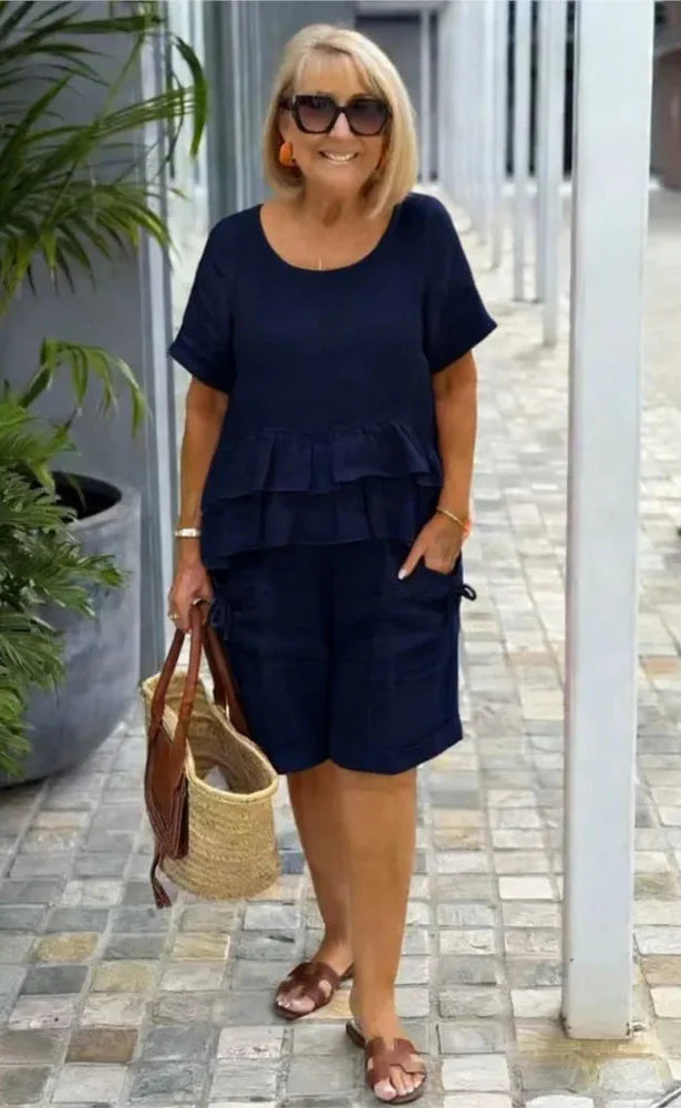 Brielle | Ruffle Trim Short Sleeve Top & Shorts Casual Set