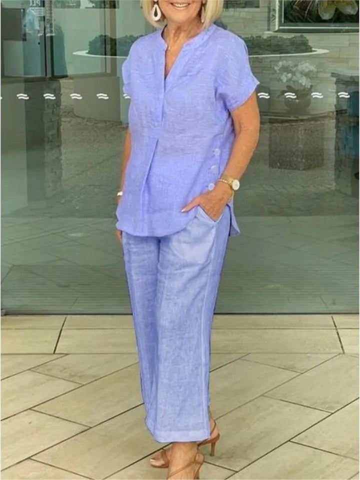Florette | Cotton Linen Short Sleeve Pocket Shirt & Pants Set