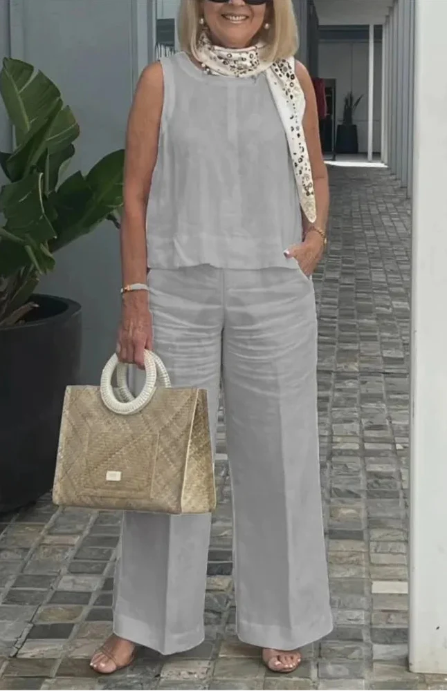 Veradine | Sleeveless Vest & Pocket Trouser Linen Two Piece Set