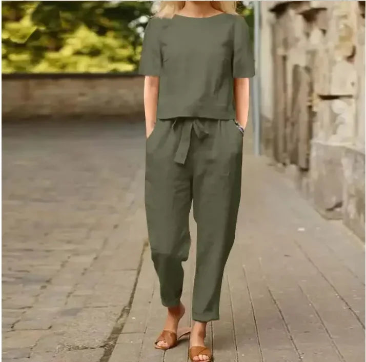 Aurelie | O-Neck Short Sleeve Cotton Linen Top & Pants Set