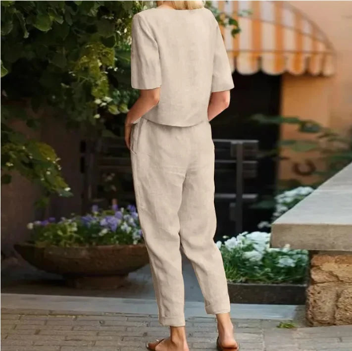Aurelie | O-Neck Short Sleeve Cotton Linen Top & Pants Set