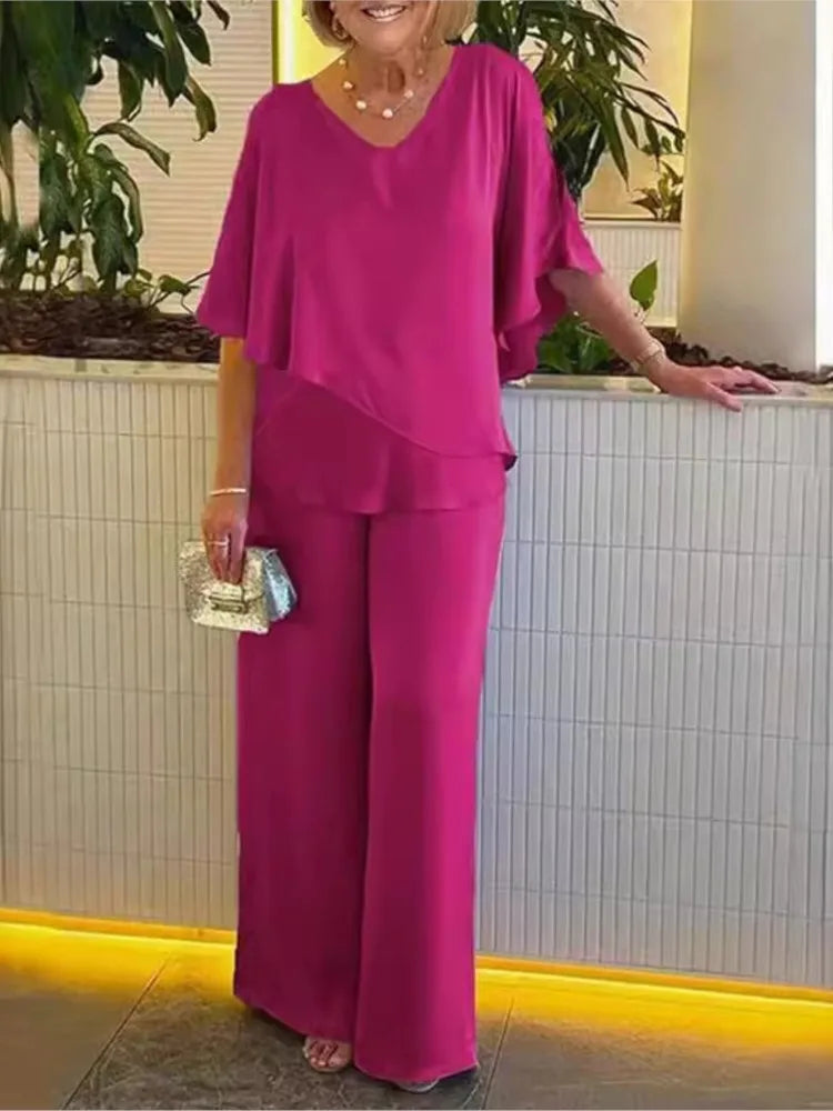 Solène | Short Sleeve Irregular Hem Top & Wide Leg Pants Set
