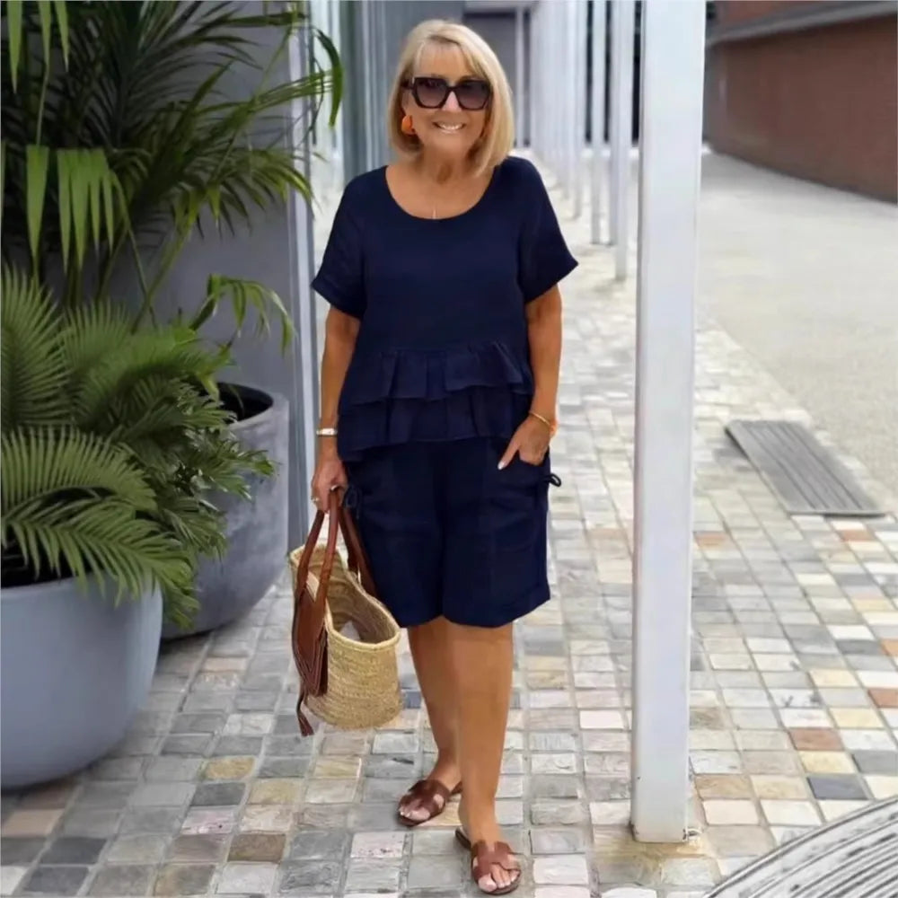 Brielle | Ruffle Trim Short Sleeve Top & Shorts Casual Set